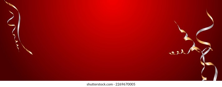 Yellow Confetti Christmas Vector Panoramic Red Background. Shiny Spiral Invitation. Serpentine Decoration Illustration. Shiny Flying Plant.