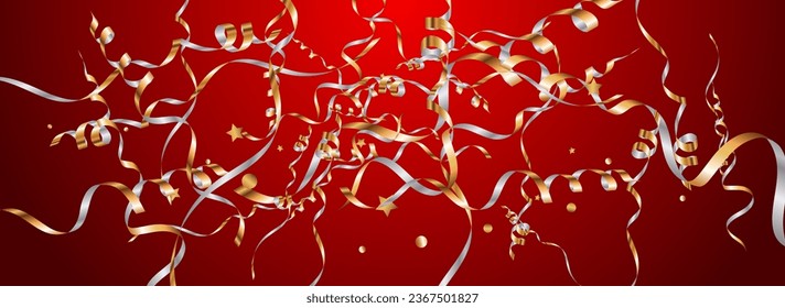 Yellow Confetti Decoration Vector Panoramic Red Background. Festive Serpentine Illustration. Spiral Shiny Design. Shiny Anniversary Branch.
