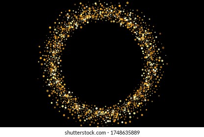Yellow Confetti Falling Black Background. Shiny Rain Design. Golden Splash Abstract Banner. Dot Holiday Postcard.