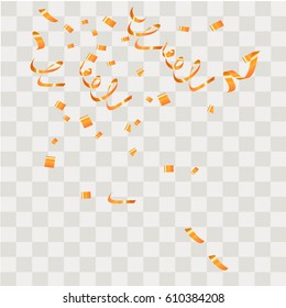 Yellow confetti festive falling shiny isolated on transparent checkered background. 