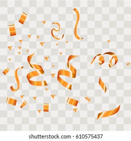 Yellow confetti festive falling shiny isolated on transparent checkered background. Concept for holiday decorative tinsel element and copy space your text.