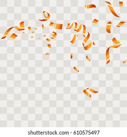 Yellow confetti festive falling shiny isolated on transparent checkered background. Concept for holiday decorative tinsel element and copy space your text.