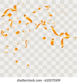 Yellow confetti festive falling shiny isolated on transparent checkered background. Concept for holiday decorative tinsel element and copy space your text.