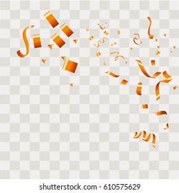 Yellow confetti festive falling shiny isolated on transparent checkered background. Concept for holiday decorative tinsel element and copy space your text.