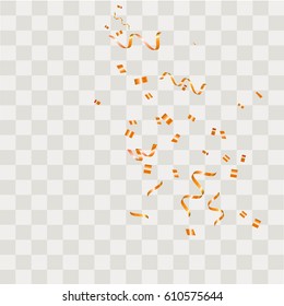 Yellow confetti festive falling shiny isolated on transparent checkered background. Concept for holiday decorative tinsel element and copy space your text.