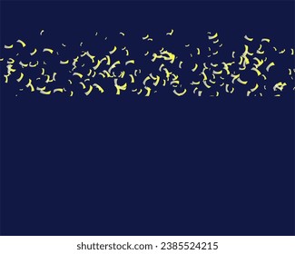 Yellow confetti on dark blue background. Horizontal border. Vector illustration. Light, bokeh.