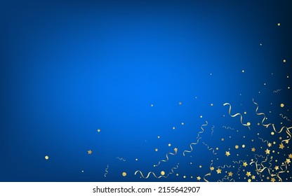 Yellow Confetti Party Vector Blue Background. Fun Ribbon Illustration. Spiral Isolated Poster. Golden Carnival Template.