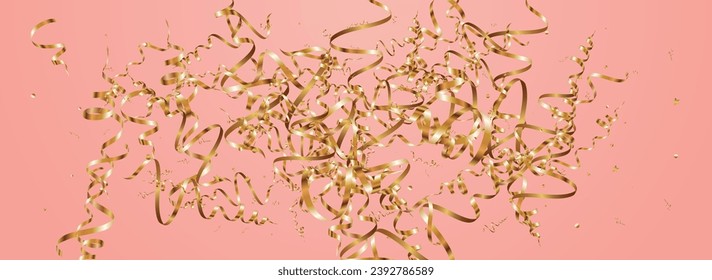 Yellow Confetti Party Vector Panoramic Pink Background. Falling Spiral Poster. Star Decoration Invitation. Chic Paper Design.
