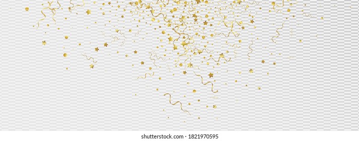 Yellow Confetti Swirl Vector Panoramic Transparent Background. Festive Serpentine Design. Spiral Carnival Template. Golden Falling Illustration.