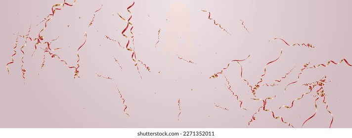 Yellow Confetti Swirl Vector Panoramic Pink Background. Christmas Streamer Branch. Ribbon Celebrate Illustration. Shiny Festive Template.