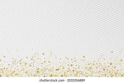 Yellow Confetti Swirl Vector Transparent Background. Festive Streamer Invitation. Ribbon Christmas Illustration. Golden Celebrate Poster.