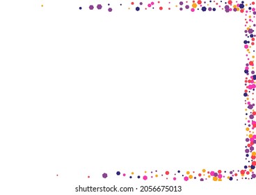 Fondo De Punto De Felicitación Amarillo. Ilustración Carnaval Confetti. Geométrico Círculo Naranja. Papel de escritorio redondo morado. Marco vectorial.