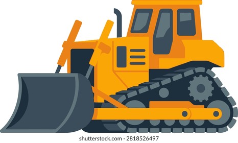 Yellow construction bulldozer with large blade and tracks on transparent background