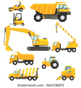 Yellow Construction Cars And Machinery Set Of Colorful Vehicles In REalistic Design Illustrations
