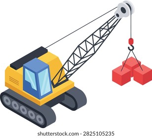 Yellow construction crane lifting red cargo cubes on white background