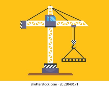 A yellow construction crane lifts a load on a hook. flat vector illustration.