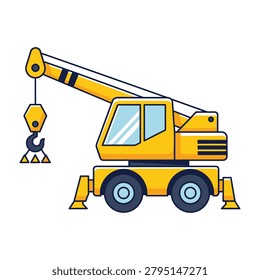 A yellow construction crane truck with hook and outriggers on a white background, industrial vehicle