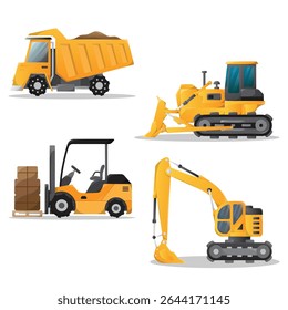Yellow construction equipment vehicles set. A collection of Special heavy machines for building work. Illustration of Forklifts, excavators, bulldozers, and dump trucks.
