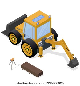 yellow construction excavator in isometric