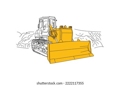 Yellow construction excavator. Vector drawing, line contour on a white isolated background. Sketch style, symbol, minimalism