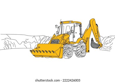 Yellow construction excavator. Vector drawing, line contour on a white isolated background. Sketch style, symbol, minimalism