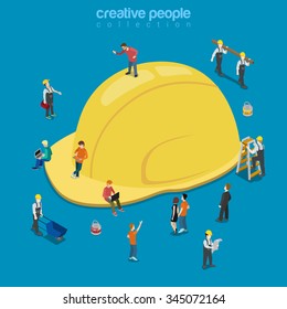 Yellow construction helmet hat cap flat 3d isometry isometric building business concept web vector illustration. Creative people collection.