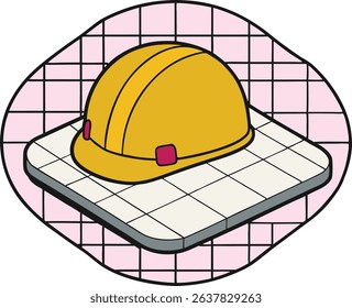 Yellow construction helmet icon on a tiled platform with pink grid background. Safety gear vector illustration for industrial, engineering, and building-themed design. Editable colorful cartoon style.