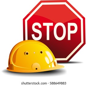 Yellow construction helmet and a red stop sign isolated on white background