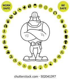 Yellow construction manufacturing and engineering health and safety related circular icon collection isolated on white background with work safe message