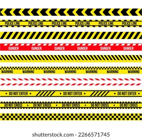 Estribos de construcción amarillos. Cordón de cinta adhesiva. Atención y barreras de advertencia. Accidente policial. Cintas forenses o de precaución. Límite de zona restringida. Conjunto de líneas gráficas actuales del vector