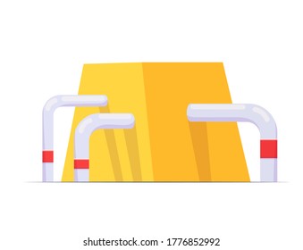 Construcción amarilla con tres tubos blancos, parte de una fábrica. Listo para el diseño de juegos, web, diseño de aplicaciones móviles. Dibujo plano de dibujos animados aislado en fondo blanco.