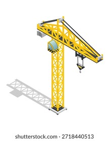 Guindaste torre de construção amarelo com gancho e sombra sobre fundo branco Palavras-chave: construção