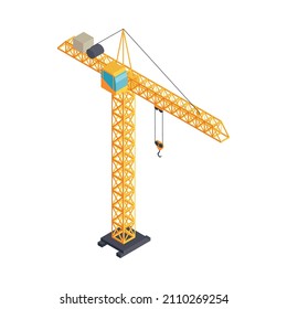 Yellow construction tower crane isometric icon on white background vector illustration