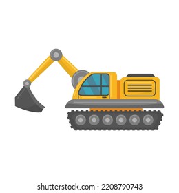 Vehículo plano con camiones de construcción amarillos. excavadoras de caricaturas, camiones de grúas, tractores y topadoras aisladas ilustraciones vectoriales. Máquina de construcción