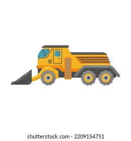 Yellow construction trucks flat vehicle. Cartoon excavators, crane trucks, tractors and bulldozers isolated vector illustration
