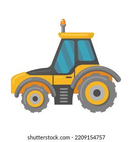 Yellow construction trucks flat vehicle. Cartoon tractor and bulldozer isolated vector illustration. Building machines and industry concept