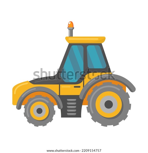 Yellow construction trucks flat vehicle. Cartoon\
tractor and bulldozer isolated vector illustration. Building\
machines and industry\
concept