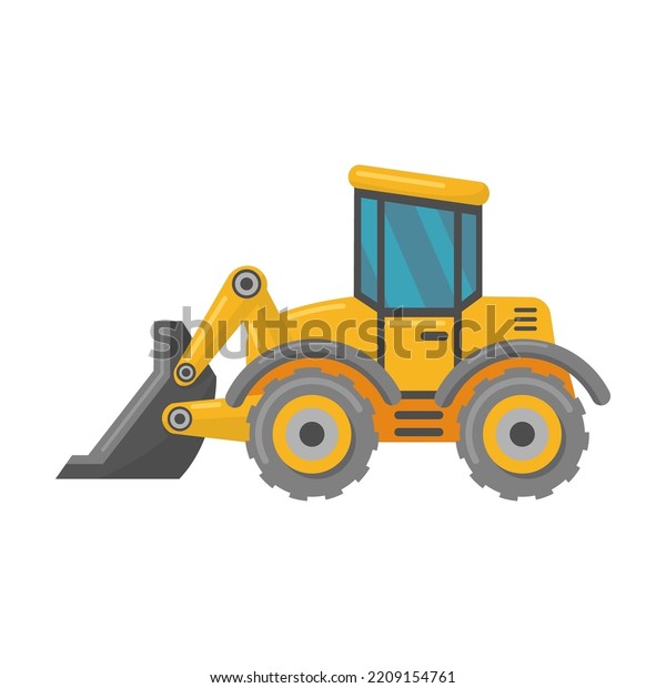 Yellow construction trucks flat vehicle.\
Cartoon excavators, tractor and bulldozers isolated vector\
illustration. Building machines and industry\
concept