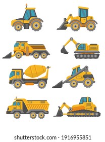 Yellow construction trucks flat vehicles set. Cartoon excavators, crane trucks, tractors and bulldozers isolated vector illustration collection. Building machines and industry concept