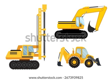 Yellow Construction Vehicles Including Excavator Drill And Backhoe Loader In Yellow Against White Background. Collection Set Vector Illustration