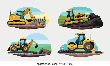 yellow construction vehicles at work in set