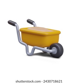 Yellow construction wheelbarrow with sand. Realistic vector illustration