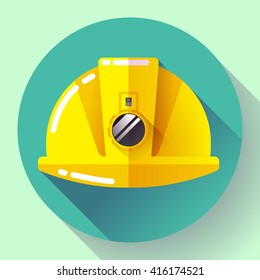 Yellow construction worker helmet with flashlight icon. Flat design style