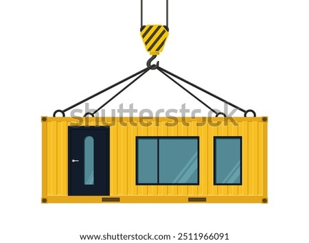 Yellow container house hanging on a crane hook. Vector illustration. Crane hook. Isolated on a white background.	