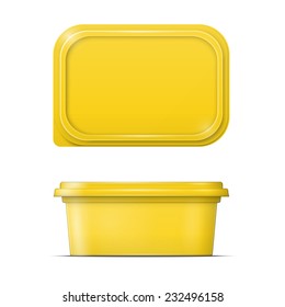 Yellow Container For Margarine Spread, Butter Or Melted Cheese,  Front And Upper View On White Background. Packaging Collection.