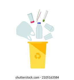Yellow container with plastic waste. Various plastic products, bottle, cup, bag, straw fall into container. Environmentally responsible behavior. Motivational flat illustration. Harm to nature.