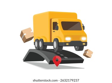 yellow container truck is driving and running on curved road, with parcel boxes or cardboard boxes floating in air around it to deliver goods to customers according to red pin location, vector 3d 