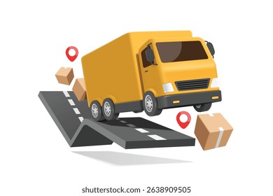 yellow container truck is driving and running on curved road, with parcel boxes or cardboard boxes floating in air around it to deliver goods to customers according to red pin location, vector 3d 