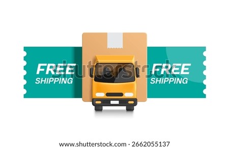 Yellow container truck is loaded with parcel boxes in back for delivery to customers and has free shipping promotion sign in back for designing delivery promotion advertisement, vector 3d isolated