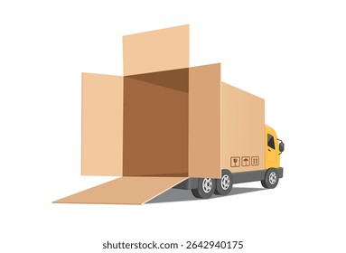 Yellow container truck in rear view, cardboard look like container truck has its rear hatch open and is empty inside ,vector 3d illustration isolated on white background for delivery advertising
